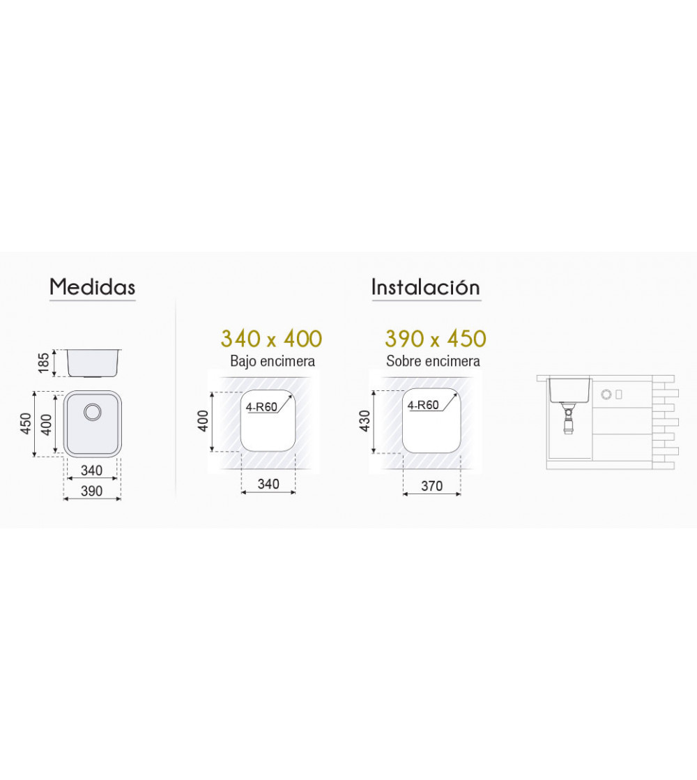 Fregadero Cocina Acero Negro Pavonado Roma 34x40 cm | EspacioBrico OFERTA