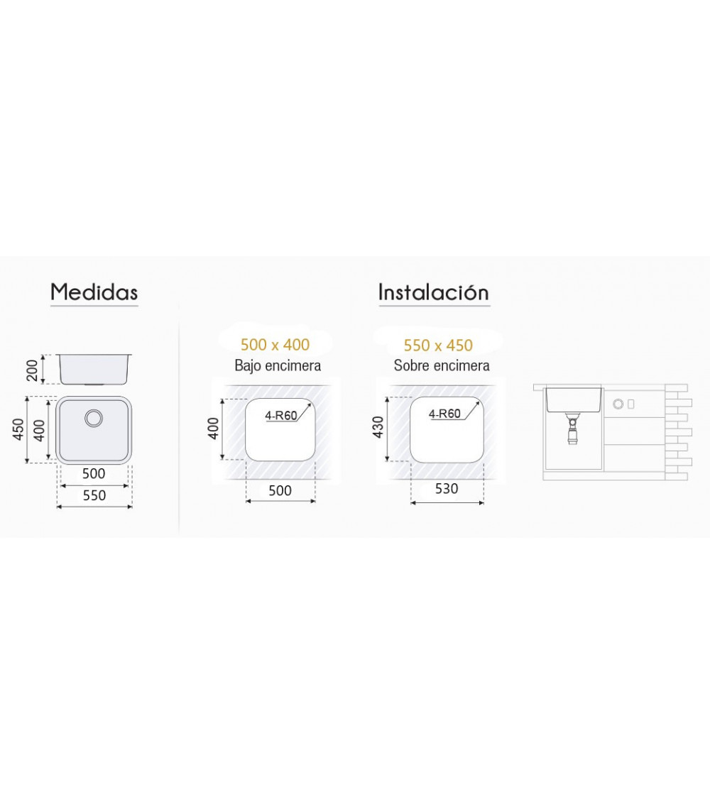 Fregadero Cocina Acero Negro Pavonado Roma 50x40 cm | EspacioBrico OFERTA