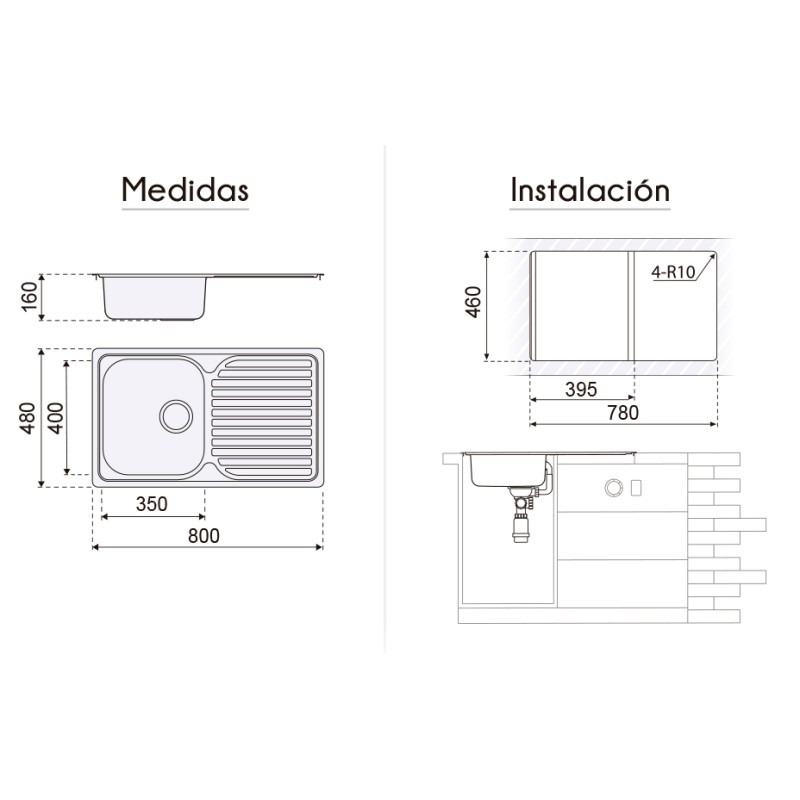 Fregadero Cocina Acero Negro Pavonado Mod. Viena 80x48 cm | EspacioBrico OFERTA