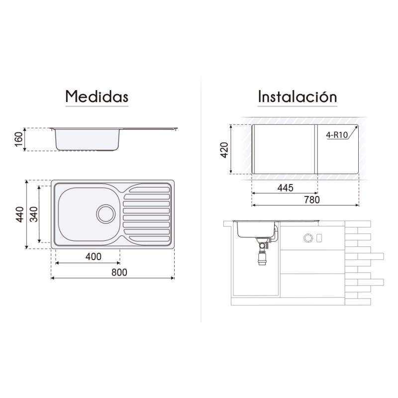 Fregadero Cocina Acero Inox Negro Pavonado Mod. Viena 80x48 cm | EspacioBrico OFERTA