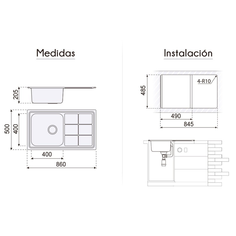 Fregadero Acero Negro Pavonado Serie Madrid 86x50 cm Sobre Encimera | EspacioBrico OFERTA