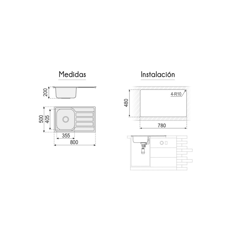 Fregadero Poseidon Acero Inox 80x50 cm Sobre Encimera | EspacioBrico OFERTA