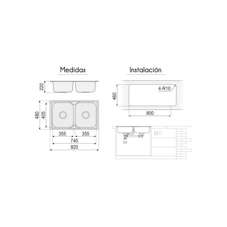 Fregadero Hércules Acero Inox 82x48 cm Sobre Encimera | EspacioBrico OFERTA