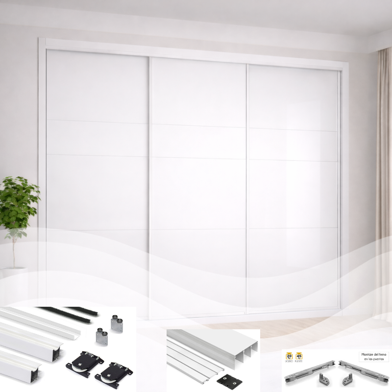 Kit Herraje Armario 3 Puertas 3 Carriles Blanco Mate Tablero 16 mm | EspacioBrico OFERTA