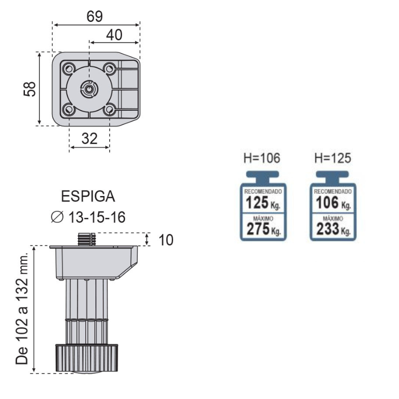 Pata Módulo Glamour H102/132 mm (Kit 4 unds) | EspacioBrico OFERTA