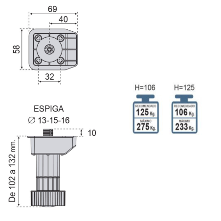 Pata Módulo Glamour H102/132 mm (Kit 4 unds) | EspacioBrico OFERTA