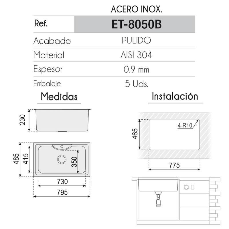Fregadero Ares Acero Inox 80x50 cm Sobre Encimera | EspacioBrico OFERTA