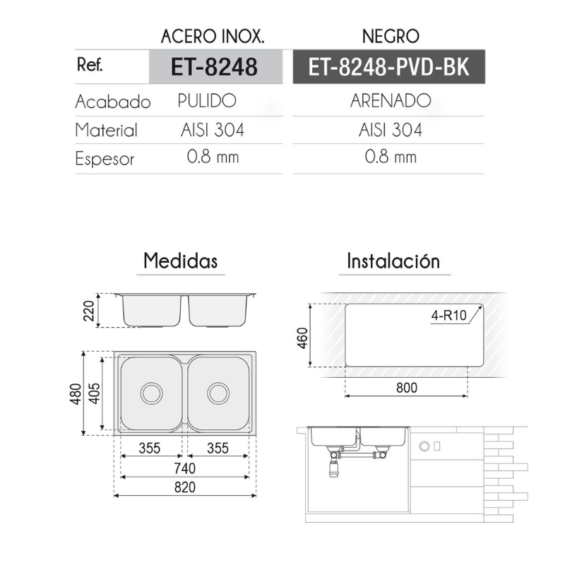 Fregadero Hércules Acero Inox 82x48 cm Sobre Encimera | EspacioBrico OFERTA