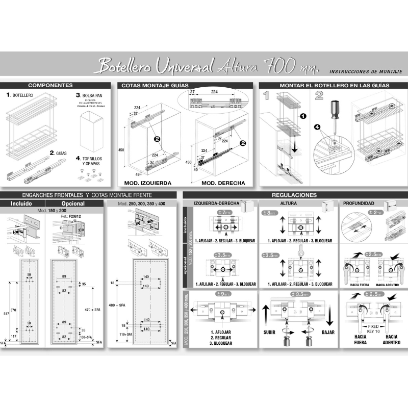 Botellero-Especiero Extraíble Alt. 70 cm- Cromo | EspacioBrico OFERTA