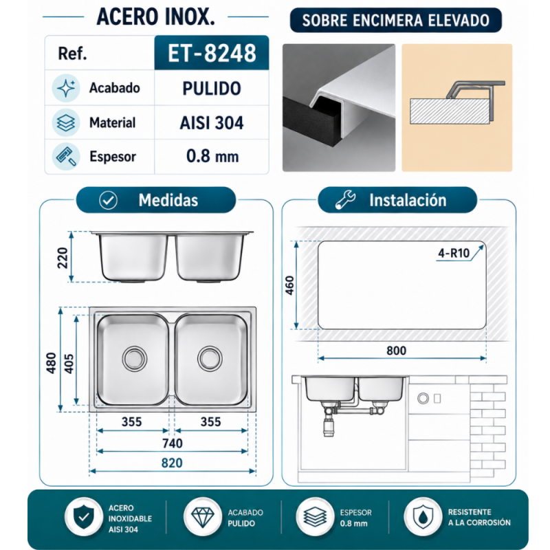Fregadero Hércules Acero Inox 82x48 cm Sobre Encimera | EspacioBrico OFERTA