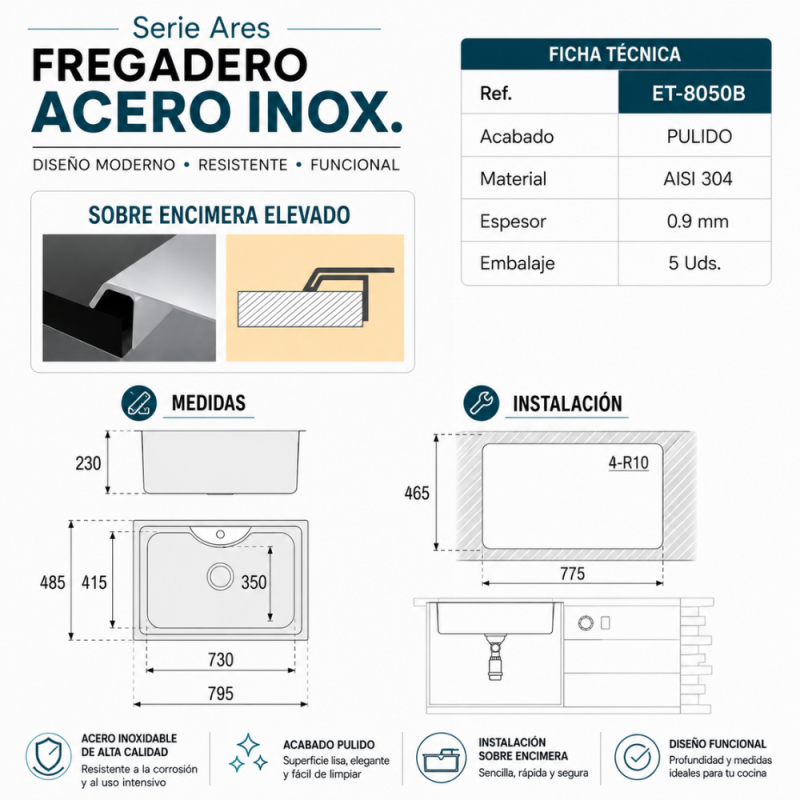 Fregadero Ares Acero Inox 80x50 cm Sobre Encimera | EspacioBrico OFERTA