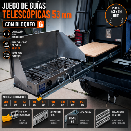 Guías Telescópicas 53 mm Ext. Total Con Bloqueo hasta 1500 mm | Andaser Store OFERTA