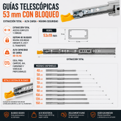 Guías Telescópicas 53 mm Ext. Total Con Bloqueo hasta 1500 mm | EspacioBrico OFERTA