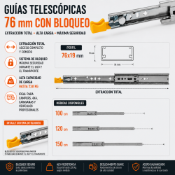 Guías Telescópicas 76 mm Ext. Total Con Bloqueo 1000/1200/1500 mm | EspacioBrico OFERTA