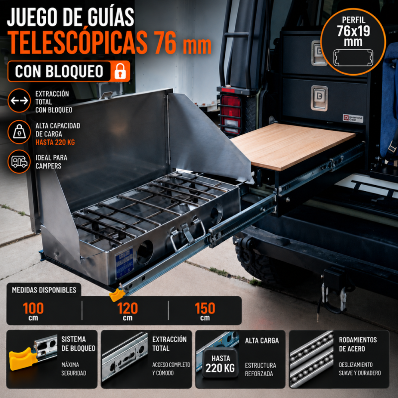 Guías Telescópicas 76 mm Ext. Total Con Bloqueo 1000/1200/1500 mm | EspacioBrico OFERTA
