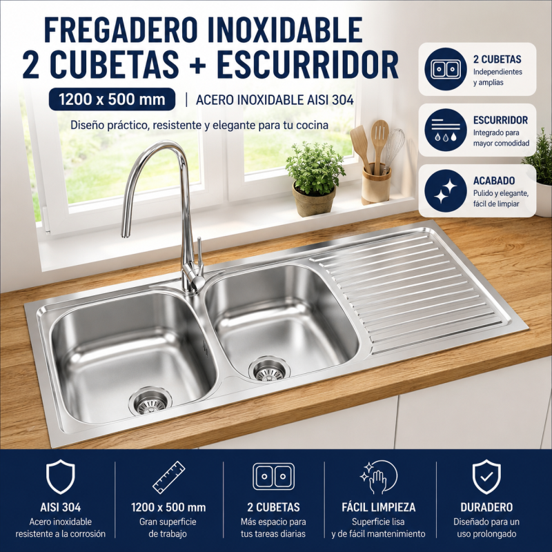 Fregadero Acero Inox Mod. Praga 120x50 cm Sobre Encimera | EspacioBrico OFERTA