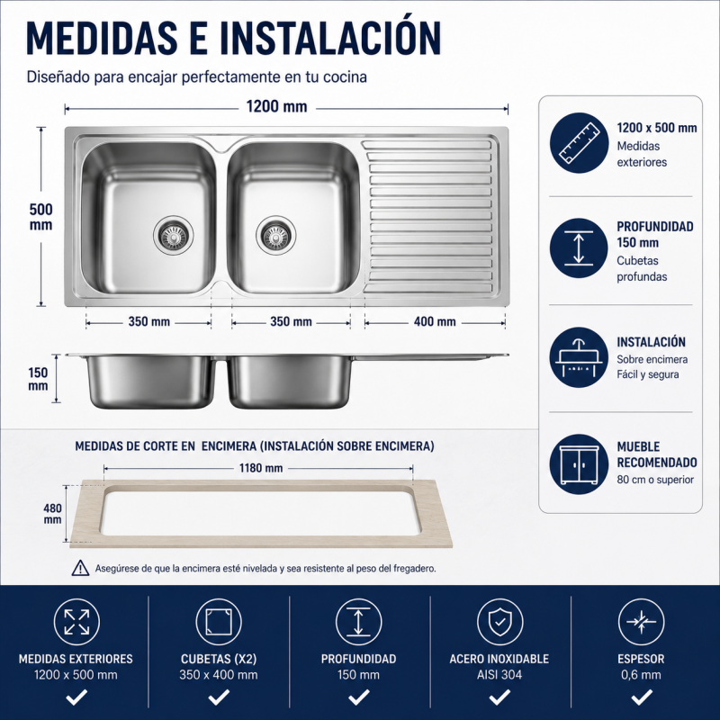 Fregadero Acero Inox Mod. Praga 120x50 cm Sobre Encimera | EspacioBrico OFERTA