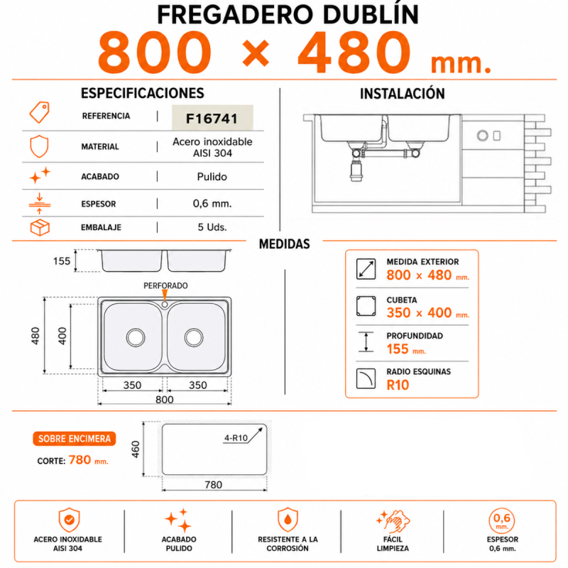 Fregadero Cocina Acero Negro Pavonado Dublín 80x44 cm | EspacioBrico OFERTA