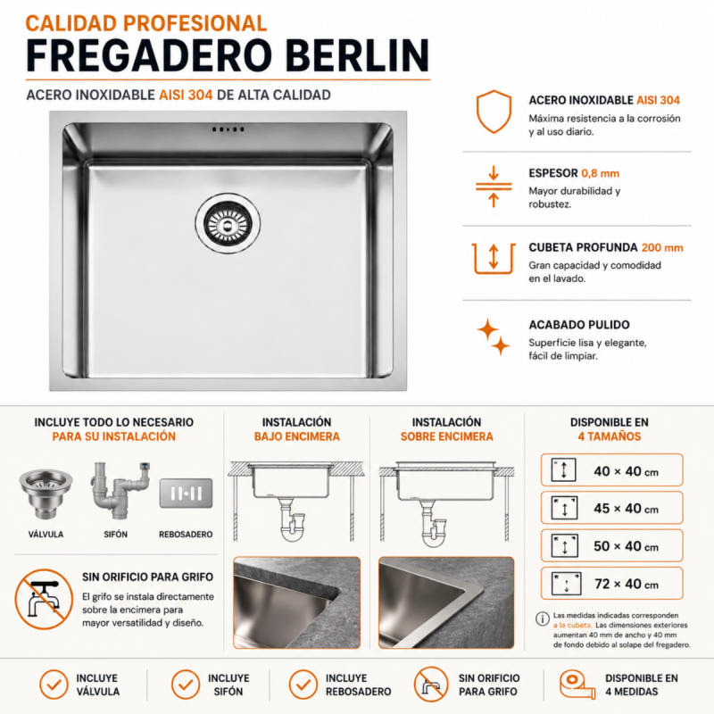 Fregadero Cocina Acero Inox Serie Berlín 72x40 cm | EspacioBrico OFERTA