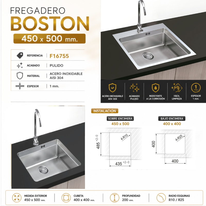 Fregadero Cocina Acero Inox Serie Boston 45x50 cm | EspacioBrico OFERTA