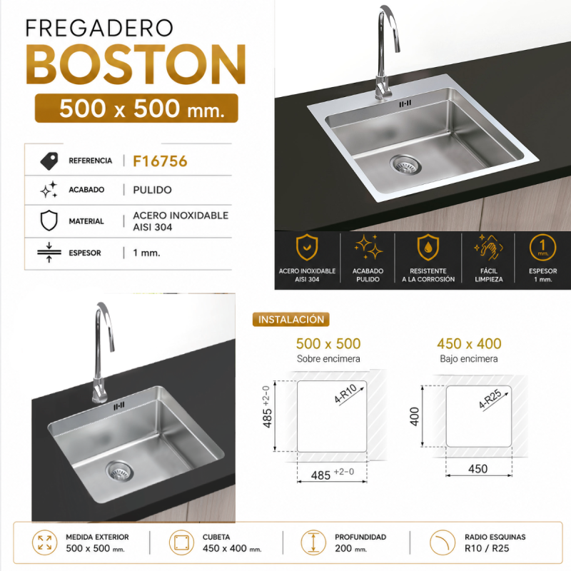 Fregadero Cocina Acero Inox Serie Boston 50x50 cm | EspacioBrico OFERTA