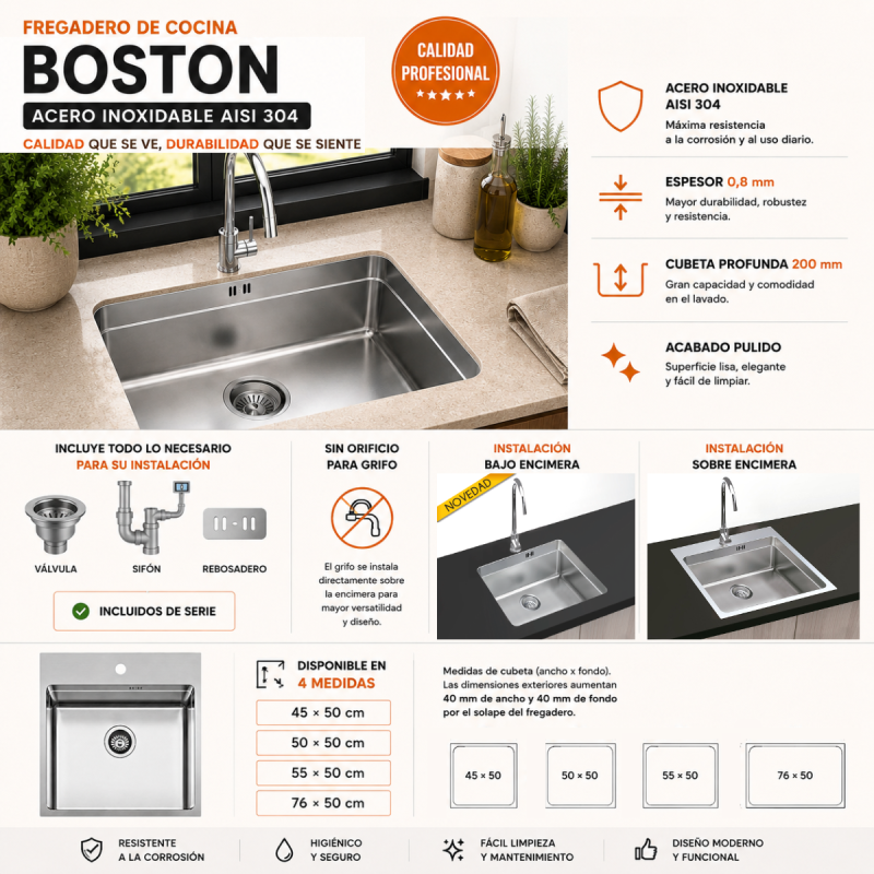 Fregadero Cocina Acero Inox Serie Boston 45x50 cm | EspacioBrico OFERTA