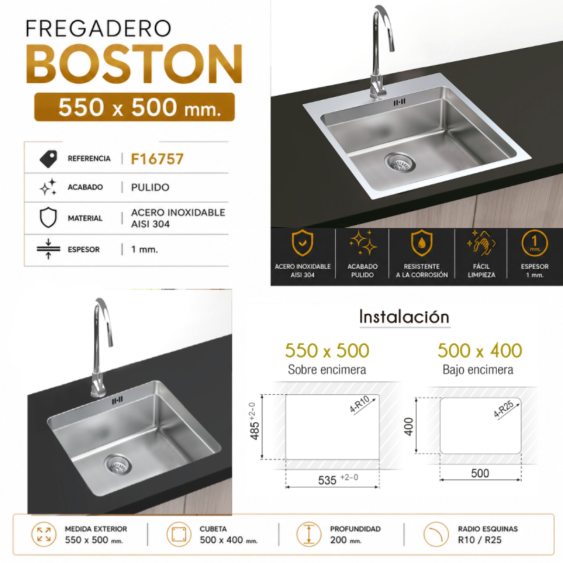 Fregadero Cocina Acero Inox Serie Boston 55x50 cm | EspacioBrico OFERTA