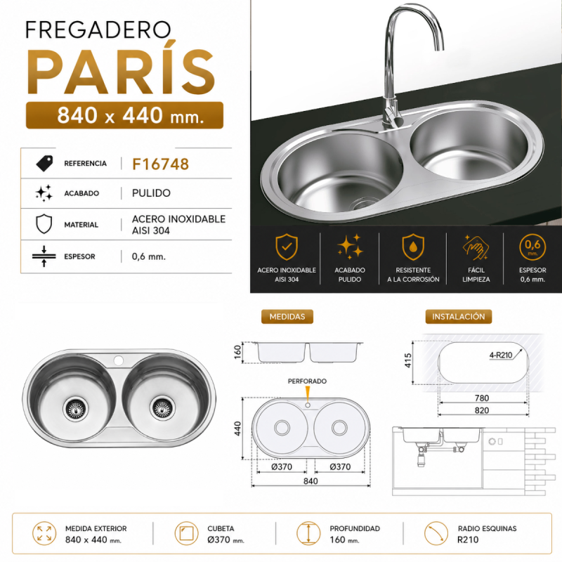 Fregadero Cocina Acero Inox Mod. París 84x44 cm | EspacioBrico OFERTA