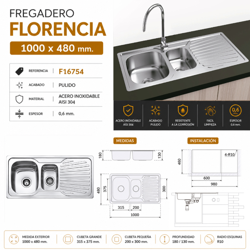 Fregadero Acero Inox Mod. Florencia 100x48 cm Sobre Encimera | EspacioBrico OFERTA