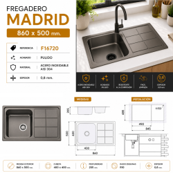 Fregadero Acero Negro Pavonado Serie Madrid 86x50 cm Sobre Encimera | EspacioBrico OFERTA