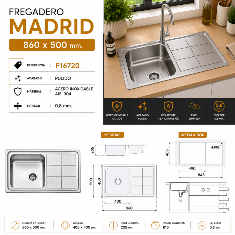Fregadero Acero Inox Serie Madrid 86x50 cm Sobre Encimera | EspacioBrico OFERTA