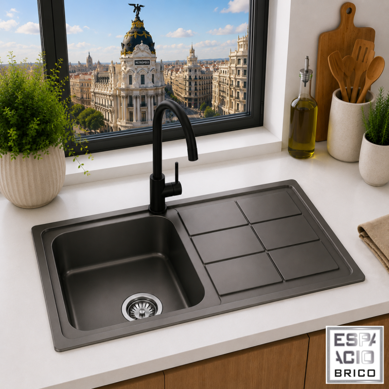 Fregadero Acero Negro Pavonado Serie Madrid 86x50 cm Sobre Encimera | EspacioBrico OFERTA