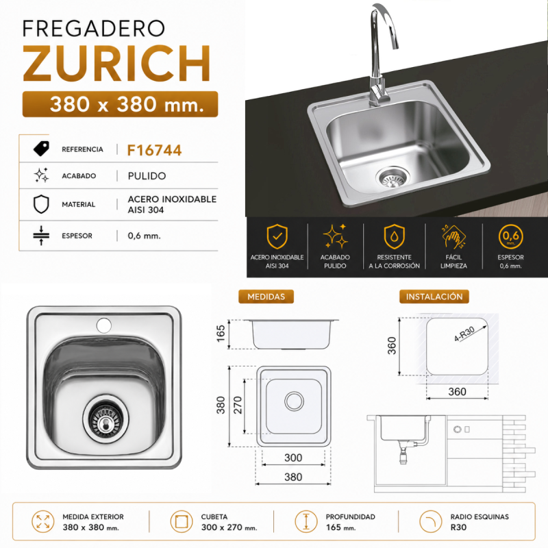 Fregadero Cocina Acero Inox Mod. Zurich 38x38 cm | EspacioBrico OFERTA