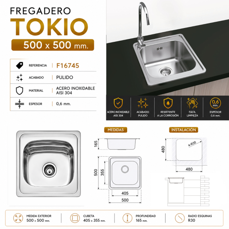 Fregadero Cocina Acero Inox Mod. Tokio 50x50 cm | EspacioBrico OFERTA
