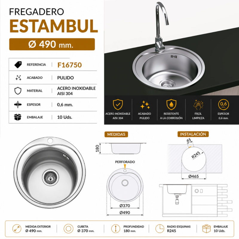 Fregadero Cocina Acero Inox Mod. Estambul 49 cm Diámetro | EspacioBrico OFERTA