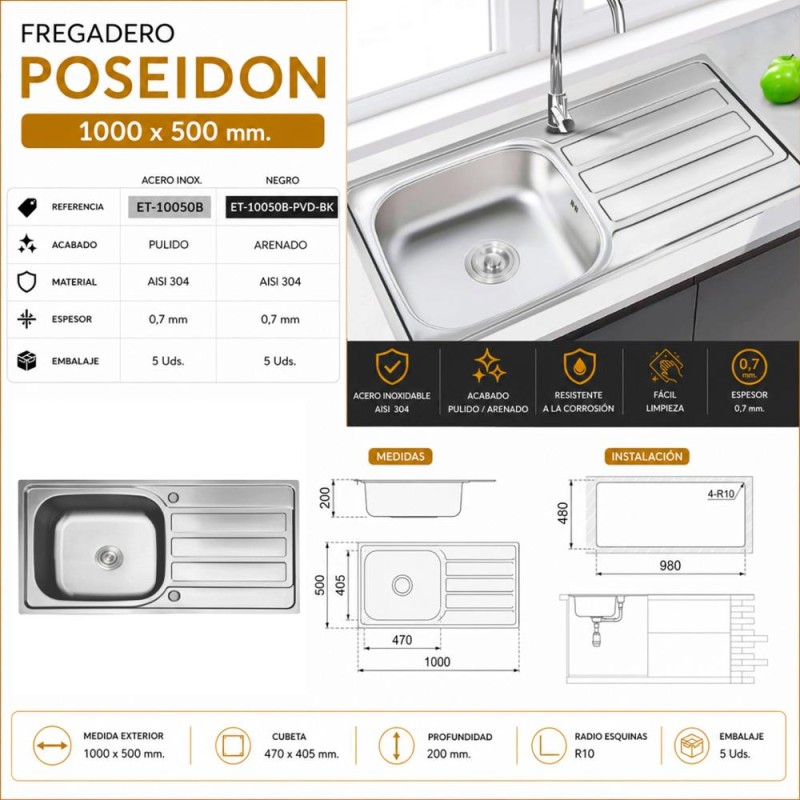 Fregadero Poseidon Acero Inox 100x50 cm Sobre Encimera | EspacioBrico OFERTA