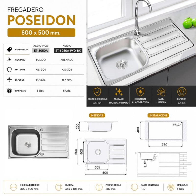 Fregadero Poseidon Acero Inox 80x50 cm Sobre Encimera | EspacioBrico OFERTA