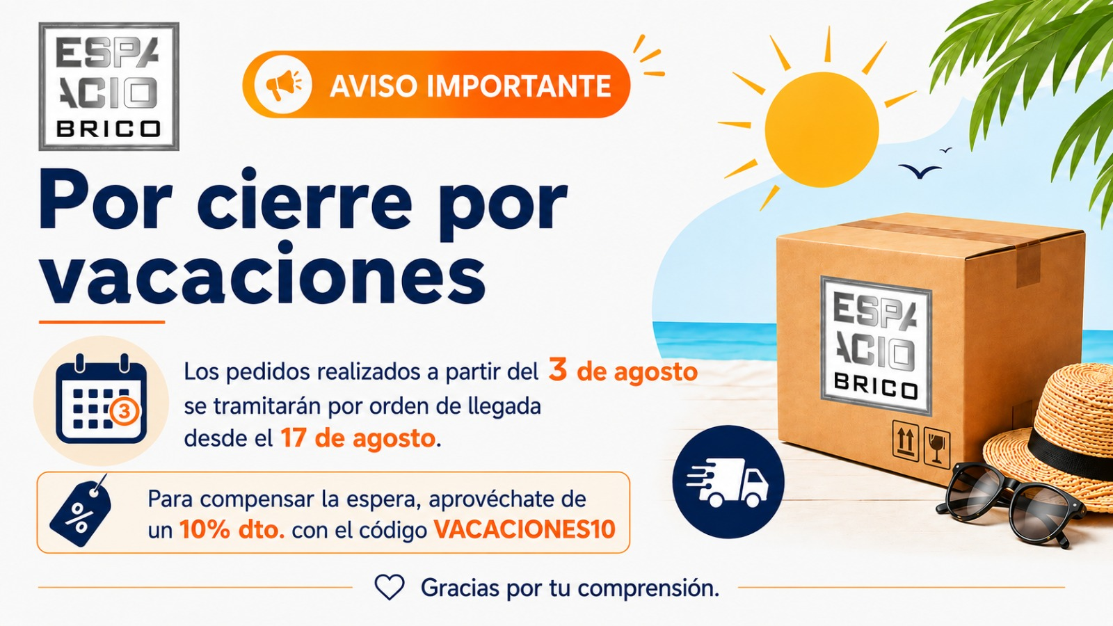 Aviso de vacaciones: los pedidos realizados a partir del 3 de agosto se tramitarán desde el 17 de agosto